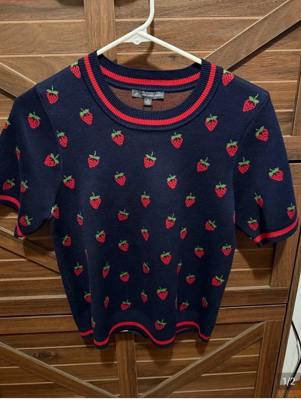 Adrianna Papell Navy Knit Crewneck Sweater with Red Strawberry Motif